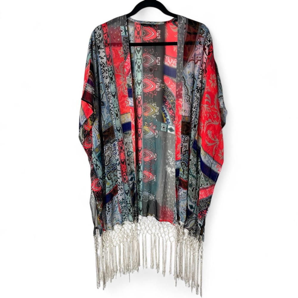 Club Z Collection Sheer Fringe Kimono Cover-Up Boho Resort Patchwork Print L/XL
